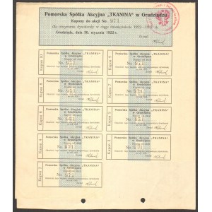 Pomorska Spółka Akcyjna TKANINA Grudziądz - 1000 marek 1922 -
