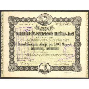 Bank Polskich Kupców i Przemysłowców Chrześcijan w Łodzi - 20 x 500 marek 1922 - Imienna