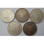 USA - 5 x 1 dolar Morgan - różne mennice oraz roczniki - etui + certyfikat -
