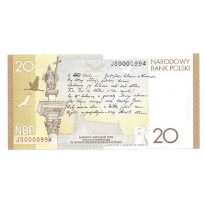 20 złotych 2009 - JS - niski numer seryjny 0000994