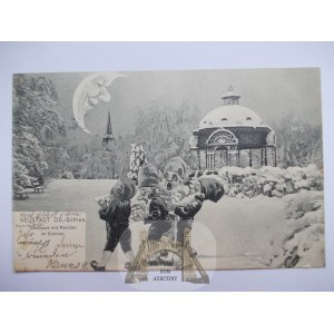 Prudnik, Neustadt, Pawilon zimą, krasnale, kolaż, 1908