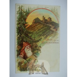 Giant Mountains, Riesengebirge, lithograph, Snow Mountain, dwarf, ca. 1900.