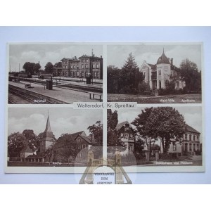 Niegoslavice near Żagań, train station, villa, church, 1932