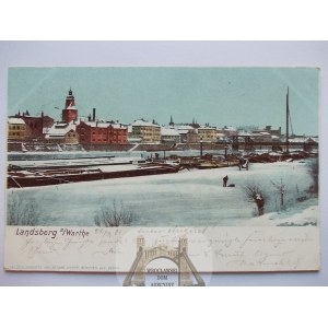 Gorzow Wielkopolski, Landsberg, winter panorama, barges on the Warta River, 1901