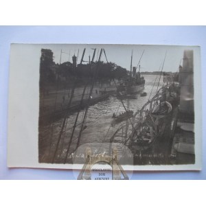 Świnoujście, Swinemunde, nabrzeże, okręt wojenny, ok. 1910