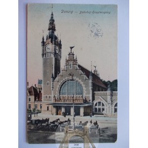 Gdańsk, Danzig, dworzec kolejowy, dorożki, 1908