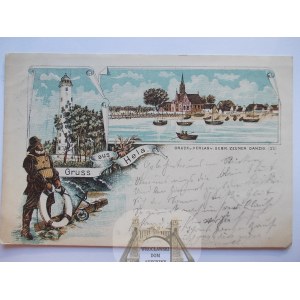 Hel, Hela, litografia, rybak, latarnia, 1898