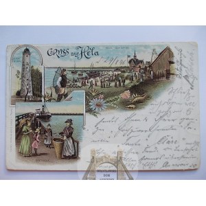 Hel, Hela, litografia, latarnia, rybak, turyści, 1896