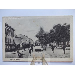Słupsk, Stolp, Bahnhofstraße, Straßenbahn, ca. 1915