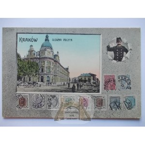 Kraków, poczta, znaczki, listonosz, kolaż, ok. 1910