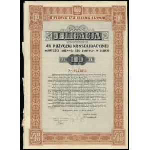 Rzeczpospolita Polska (1918-1939), obligacja 4 % pożyczki konsolidacyjnej na 100 złotych w złocie, 15.05.1936, Warszawa