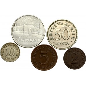 Estonia 2 - 50 Senti 1931-1936 & 2 Krooni 1930 Toompea Fortress at Tallinn Lot of 5 Coins