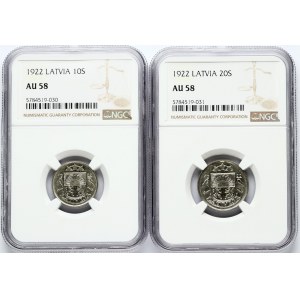 Latvia 10 Santimu 1922 & 20 Santimu 1922 SET NGC AU 58