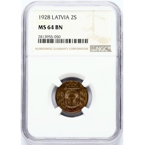 Latvia 2 Santimi 1928 (R) NGC MS 64 BN ONLY 2 COINS IN HIGHER GRADE