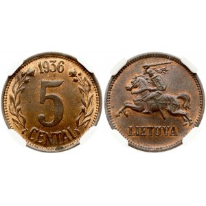 Lithuania 5 Centai 1936 NGC MS 64 RB