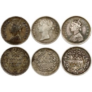 India - British 2 Annas (1841-1897) Lot of 3 Coins