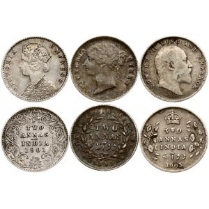 India - British 2 Annas (1841-1903) Lot of 3 Coins
