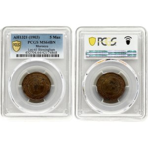 Morocco 5 Mazunas 1321Bi (1903) PCGS MS 64 BN MAX GRADE