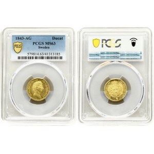 Sweden 1 Ducat 1843 AG PCGS MS63 ONLY 2 COINS IN HIGHER GRADE