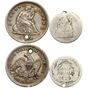 USA 1 Dime 1866 Philadelphia & 1/4 Dollar (1850?) O Lot of 2 Coins