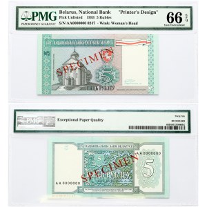 Belarus 5 Rubles 1993 SPECIMEN Banknote PMG 66 Gem Uncirculated EPQ