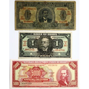 Brazil 1 Mil Reis - 5 000 Cruzeiros (1923-1964) Banknotes Lot of 3 Banknotes