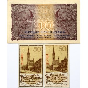 Czechoslovakia 10 Korun 1919 & Danzig 50 Pfennig 1918 Banknotes Lot of 3 Banknotes