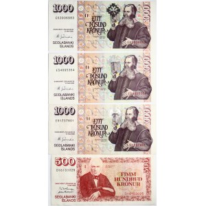 Iceland 500 & 1000 Kronur (1986-2001) Banknotes Lot of 4 Banknotes