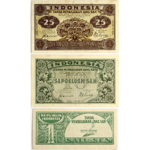 Indonesia 1 Sen 1945 & Indonesia Netherlands East Indies 10-25 Sen 1947 Banknotes Lot of 3 Banknotes