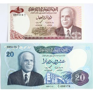 Tunisia 1 Dinar 1980 & 20 Dinars 1983 Banknotes Lot of 2 Banknotes