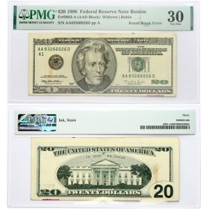 USA 20 Dollars 1996 Federal Reserve Note Boston PMG 30 Very Fine Broad Break Error