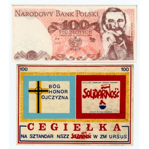 Zestaw Solidarność, cegiełka 100 złotych 1984 - Wałęsa - Kukla 59 typ 30