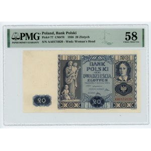 20 złotych 1936 - RZADKA pierwsza seria AA - PMG 58