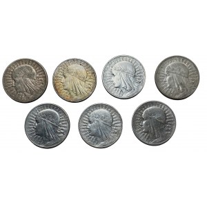 10 złotych (1933-1934) Głowa Kobiety - zestaw 7 sztuk monet