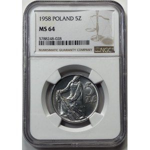 5 złotych 1958 - Rybak - NGC MS64