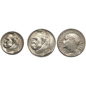 II RP Satz von 3 Münzen Pilsudski und Frauenkopf, 5 und 10 Zloty 1932-1934
