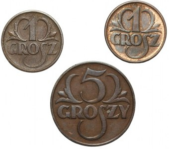 1 grosz 1927 i 1936 oraz 5 groszy 1930 - 3 sztuki