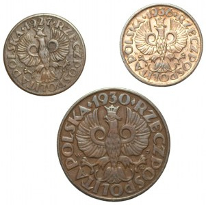 1 grosz 1927 i 1936 oraz 5 groszy 1930 - 3 sztuki