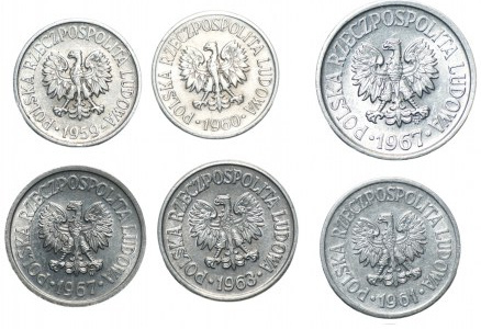 5, 10 oraz 20 groszy 1959-1967 - zestaw 6 sztuk monet aluminiowych