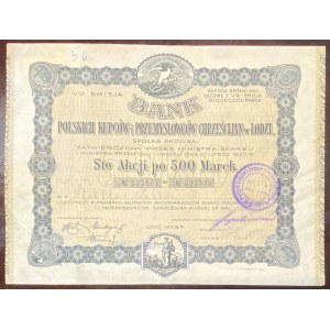Bank Polskich Kupców i Przemysłowców Chrześcijan w Łodzi - imienna - Em.5, 100 x 500 marek 1923