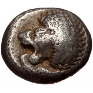 Ionia, Miletos, AR obol (Silver, 9,1 mm, 1,13 g), late 6th century BC. Obv: Forepart of roaring lion right, head reverte