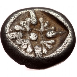 Ionia, Miletos, AR obol (Silver, 9,1 mm, 1,13 g), late 6th century BC. Obv: Forepart of roaring lion right, head reverte