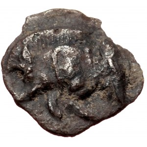 Mysia, Kyzikos, AR Hemiobol (silver, 0,36 g, 9 mm) c. 450-400 BC Obv: Forepart of running boar left, tunny fish swimming