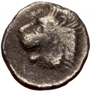 Mysia, Kyzikos, AR obol (silver, 0,32 g, 9 mm) c. 450-400 BC Obv: Forepart of boar left; to right, tunny upward