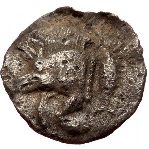 Mysia, Kyzikos, AR Hemiobol (silver, 0,37 g, 10 mm) c. 480-450 BC Obv: Forepart of running boar left, tunny fish swimmin