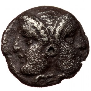 Mysia, Lampsakos, AR Diobol (silver, 1,09 g, 10 mm) ca. 390-330 BC Obv: Diademed janiform female head, in circular earri