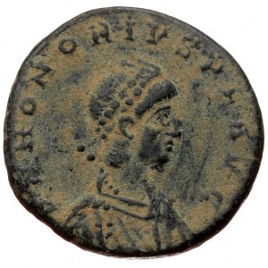 Honorius (393-423) AE 21 (bronze, 5,59 g, 21 mm) ? Obv: D N HONORIVS P F AVG: Bust of Honorius, pearl-diademed, draped a