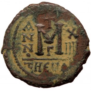 Mauricius Tiberius (582-602), AE Follis 40 Nummi (bronze, 11,20 g, 28 mm) Theoupolis (Antioch), dated RY 14 =595-596 Obv