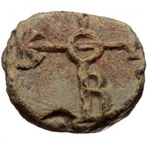 Byzantine seal (Lead, 20,3 mm, 8,74g). Obv: Legend in four (?) lines.