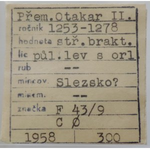 Přemysl Otakar II. 1253-1278, brakteát střední, Slezsko? F 43/9; Cach -; Saurma tab. IV, č. 177; Kopicki 7049 ja, půlený lev a orlice, 0,679g/26,6mm, starý podložní štítek R